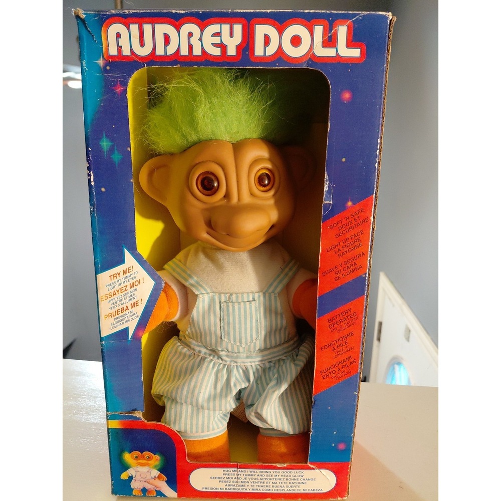 Large 10" Audrey Troll Doll Electronic Lights Up Vintage Original Box Green